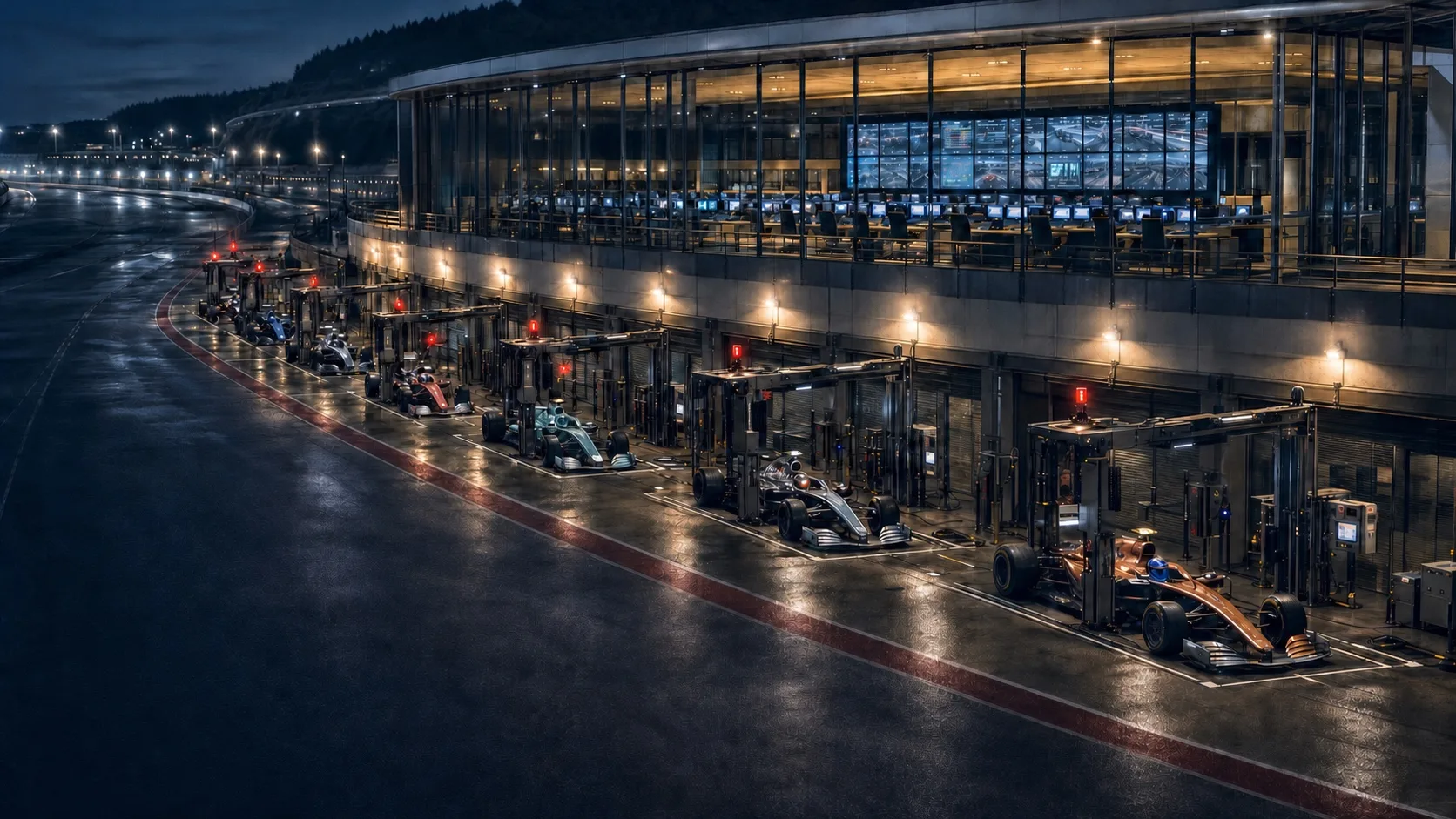 Race cars held in inspection boxes under controlled penalty signals