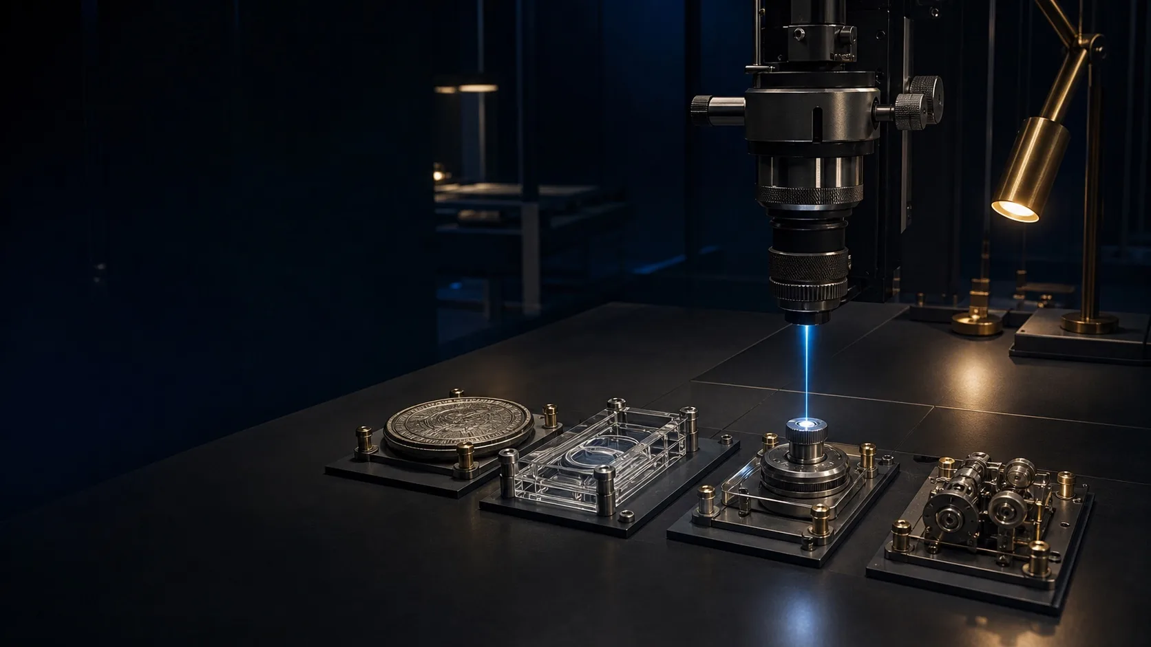 Precision instrument examining four financial evidence modules in an independent research lab