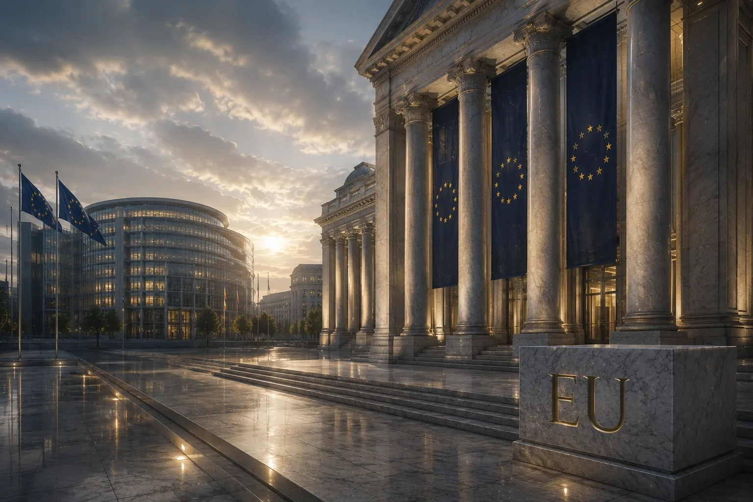 Ilustración: una gran balanza en una sala de justicia europea oscura — supervisión y normas.