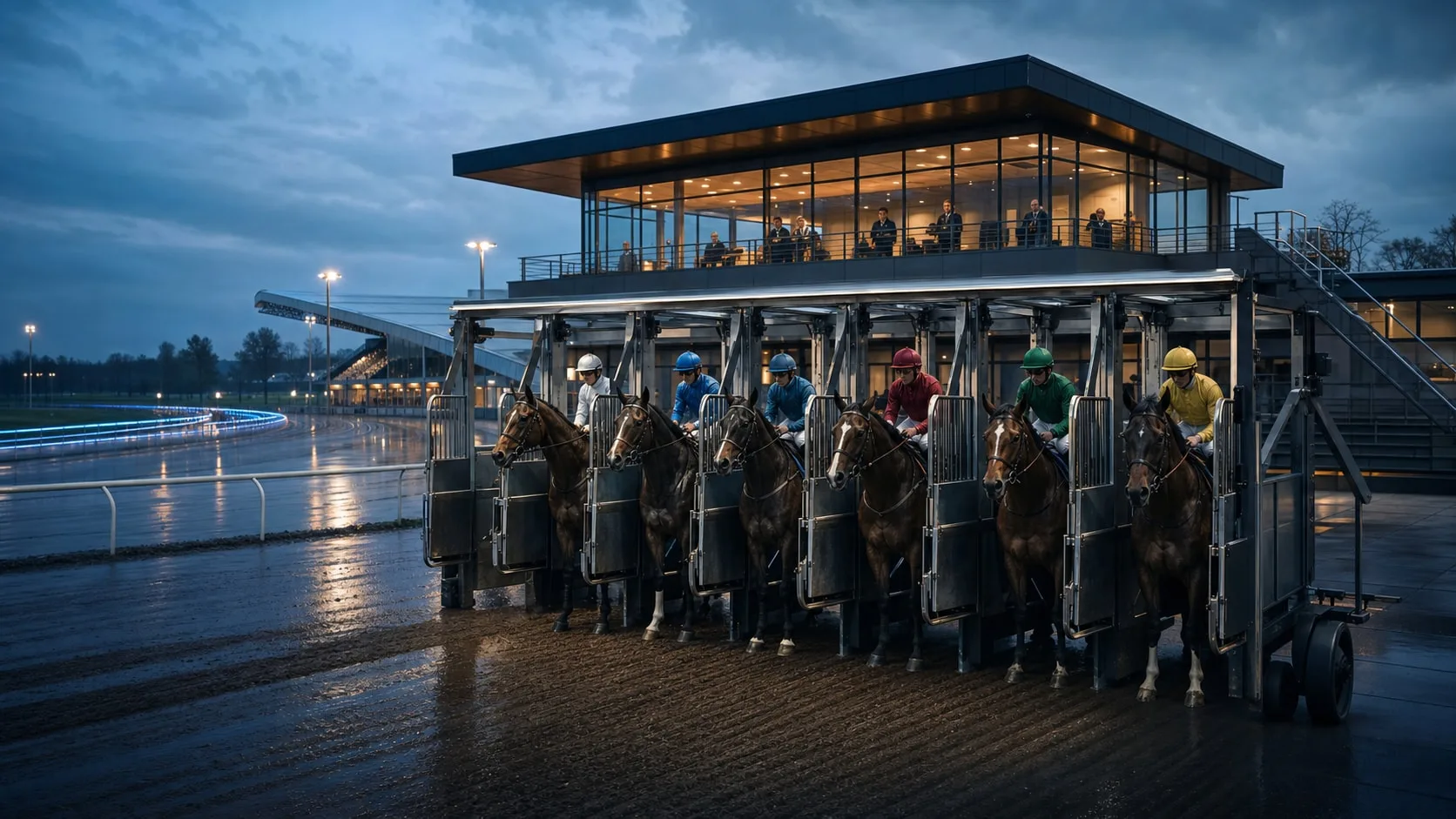 Racehorses in separate starting positions under supervision of a European stewards facility