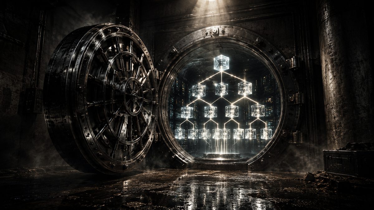 Puerta de una cámara acorazada con un árbol de Merkle luminoso de bloques de datos — símbolo de proof of reserves